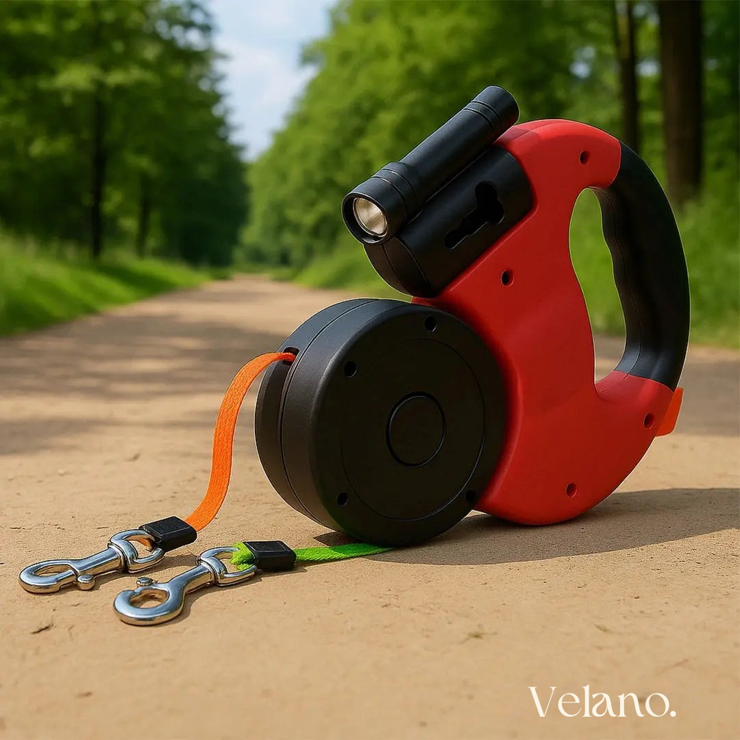 Velano DuoLijn™ | Wikkel vrije dubbele hondenriem met zaklamp