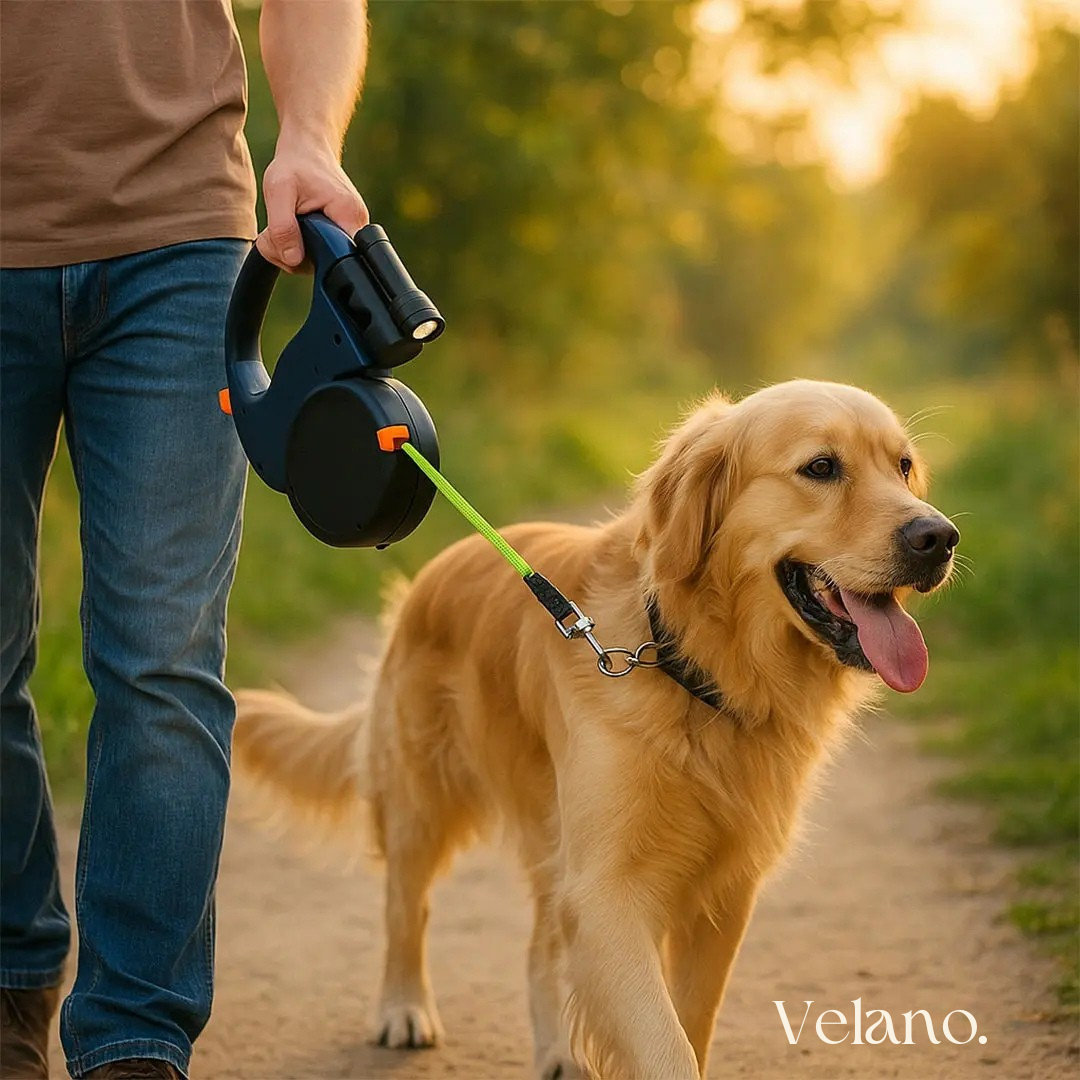 Velano DuoLijn™ | Wikkel vrije dubbele hondenriem met zaklamp