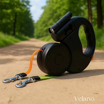 Velano DuoLijn™ | Wikkel vrije dubbele hondenriem met zaklamp