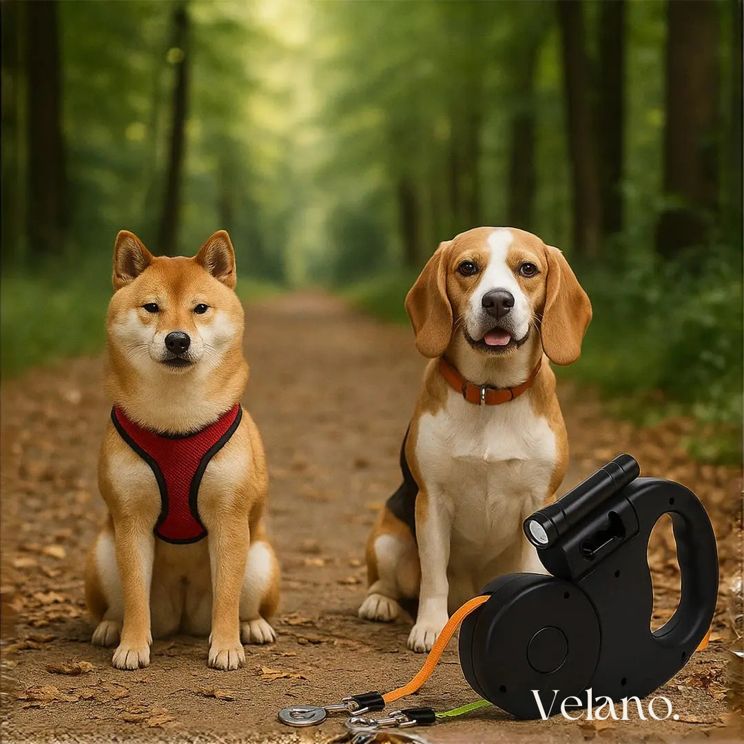 Velano DuoLijn™ | Wikkel vrije dubbele hondenriem met zaklamp