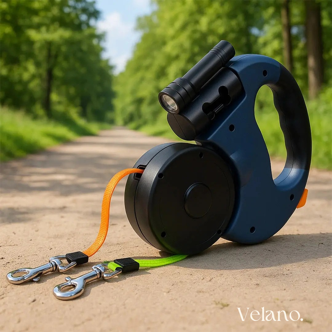 Velano DuoLijn™ | Wikkel vrije dubbele hondenriem met zaklamp